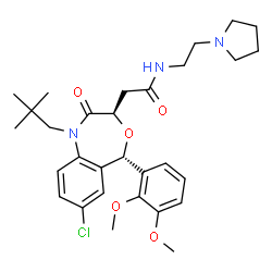 ChemSpider 2D Image | 2-[(3R,5S)-7-Chloro-5-(2,3-dimethoxyphenyl)-1-(2,2-dimethylpropyl)-2-oxo-1,2,3,5-tetrahydro-4,1-benzoxazepin-3-yl]-N-[2-(1-pyrrolidinyl)ethyl]acetamide | C30H40ClN3O5