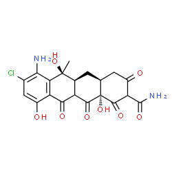 ChemSpider 2D Image | (4aS,5aS,6S,12aS)-7-Amino-8-chloro-6,10,12a-trihydroxy-6-methyl-1,3,11,12-tetraoxo-1,2,3,4,4a,5,5a,6,11,11a,12,12a-dodecahydro-2-tetracenecarboxamide | C20H19ClN2O8