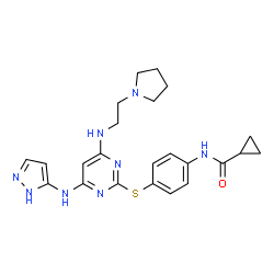 ChemSpider 2D Image | N-(4-{[4-(1H-Pyrazol-5-ylamino)-6-{[2-(1-pyrrolidinyl)ethyl]amino}-2-pyrimidinyl]sulfanyl}phenyl)cyclopropanecarboxamide | C23H28N8OS