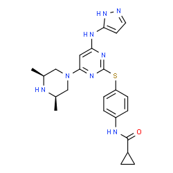 ChemSpider 2D Image | N-[4-({4-[(3R,5S)-3,5-Dimethyl-1-piperazinyl]-6-(1H-pyrazol-5-ylamino)-2-pyrimidinyl}sulfanyl)phenyl]cyclopropanecarboxamide | C23H28N8OS
