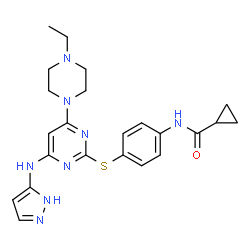 ChemSpider 2D Image | N-(4-{[4-(4-Ethyl-1-piperazinyl)-6-(1H-pyrazol-5-ylamino)-2-pyrimidinyl]sulfanyl}phenyl)cyclopropanecarboxamide | C23H28N8OS