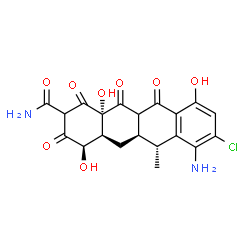 ChemSpider 2D Image | (4R,4aS,5aR,6R,12aS)-7-Amino-8-chloro-4,10,12a-trihydroxy-6-methyl-1,3,11,12-tetraoxo-1,2,3,4,4a,5,5a,6,11,11a,12,12a-dodecahydro-2-tetracenecarboxamide | C20H19ClN2O8