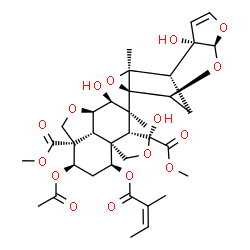 ChemSpider 2D Image | Dimethyl (2aR,3S,4S,4aR,5S,7aS,8S,10R,10aS,10bR)-10-acetoxy-3,5-dihydroxy-4-[(1S,2S,6S,8S,9R,11S)-2-hydroxy-11-methyl-5,7,10-trioxatetracyclo[6.3.1.0~2,6~.0~9,11~]dodec-3-en-9-yl]-4-methyl-8-{[(2Z)-2-
methyl-2-butenoyl]oxy}octahydro-1H-furo[3',4':4,4a]naphtho[1,8-bc]furan-5,10a(8H)-dicarboxylate | C35H44O16
