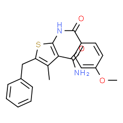ChemSpider 2D Image | 5-Benzyl-2-[(4-methoxybenzoyl)amino]-4-methyl-3-thiophenecarboxamide | C21H20N2O3S