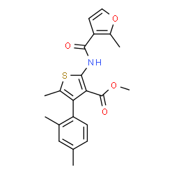 ChemSpider 2D Image | Methyl 4-(2,4-dimethylphenyl)-5-methyl-2-[(2-methyl-3-furoyl)amino]-3-thiophenecarboxylate | C21H21NO4S