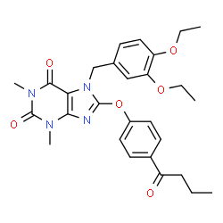ChemSpider 2D Image | 8-(4-Butyrylphenoxy)-7-(3,4-diethoxybenzyl)-1,3-dimethyl-3,7-dihydro-1H-purine-2,6-dione | C28H32N4O6