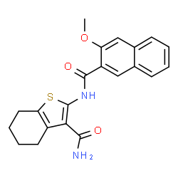 ChemSpider 2D Image | 2-[(3-Methoxy-2-naphthoyl)amino]-4,5,6,7-tetrahydro-1-benzothiophene-3-carboxamide | C21H20N2O3S