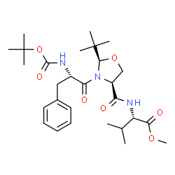ChemSpider 2D Image | Methyl N-{[(2R,4S)-2-(2-methyl-2-propanyl)-3-(N-{[(2-methyl-2-propanyl)oxy]carbonyl}-L-phenylalanyl)-1,3-oxazolidin-4-yl]carbonyl}-L-valinate | C28H43N3O7