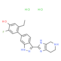 ChemSpider 2D Image | 5-Ethyl-2-fluoro-4-[3-(4,5,6,7-tetrahydro-3H-imidazo[4,5-c]pyridin-2-yl)-1H-indazol-6-yl]phenol dihydrochloride | C21H22Cl2FN5O