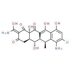 ChemSpider 2D Image | (2Z,4aR,5S,5aR,6S,12aS)-7-Amino-2-[amino(hydroxy)methylene]-8-chloro-5,10,11,12a-tetrahydroxy-6-methyl-4a,5a,6,12a-tetrahydro-1,3,12(2H,4H,5H)-tetracenetrione | C20H19ClN2O8