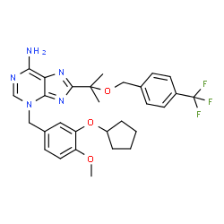 ChemSpider 2D Image | 3-[3-(Cyclopentyloxy)-4-methoxybenzyl]-8-(2-{[4-(trifluoromethyl)benzyl]oxy}-2-propanyl)-3H-purin-6-amine | C29H32F3N5O3