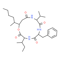ChemSpider 2D Image | 6-Benzyl-3-sec-butyl-13-(2-hexanyl)-9-isopropyl-1-oxa-4,7,10-triazacyclotridecane-2,5,8,11-tetrone | C29H45N3O5
