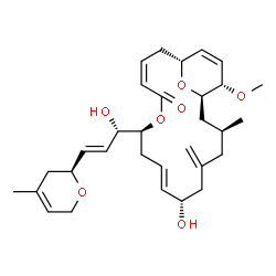 ChemSpider 2D Image | (1R,3Z,7S,9E,11S,15S,17R,18S)-11-Hydroxy-7-{(1S,2E)-1-hydroxy-3-[(2S)-4-methyl-3,6-dihydro-2H-pyran-2-yl]-2-propen-1-yl}-18-methoxy-15-methyl-13-methylene-6,21-dioxabicyclo[15.3.1]henicosa-3,9,19-trie
n-5-one | C31H44O7