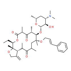ChemSpider 2D Image | (3aR,8R,9R,10R,15R,15aS)-9-{[(2S,3R,4S,6R)-4-(Dimethylamino)-3-hydroxy-6-methyltetrahydro-2H-pyran-2-yl]oxy}-15-ethyl-4,6,8,10,12,15a-hexamethyl-3-methylene-8-{[(2E)-3-phenyl-2-propen-1-yl]oxy}octahyd
ro-2H-furo[2,3-c]oxacyclotetradecine-5,11,13(3H,6H,12H)-trione | C41H61NO9