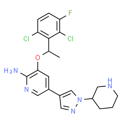 ChemSpider 2D Image | 3-[1-(2,6-Dichloro-3-fluorophenyl)ethoxy]-5-[1-(3-piperidinyl)-1H-pyrazol-4-yl]-2-pyridinamine | C21H22Cl2FN5O