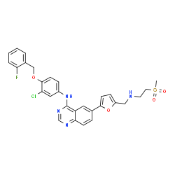 ChemSpider 2D Image | N-{3-Chloro-4-[(2-fluorobenzyl)oxy]phenyl}-6-[5-({[2-(methylsulfonyl)ethyl]amino}methyl)-2-furyl]-4-quinazolinamine | C29H26ClFN4O4S