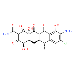 ChemSpider 2D Image | (4R,4aS,5aR,6R,12aS)-9-Amino-8-chloro-4,10,12a-trihydroxy-6-methyl-1,3,11,12-tetraoxo-1,2,3,4,4a,5,5a,6,11,11a,12,12a-dodecahydro-2-tetracenecarboxamide | C20H19ClN2O8