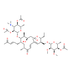ChemSpider 2D Image | {(2R,3R,4E,6E,9R,11S,12S,13S,14R)-12-{[2,4-Di-O-acetyl-3,6-dideoxy-3-(dimethylamino)-beta-L-glucopyranosyl]oxy}-2-ethyl-14-hydroxy-5,9,13-trimethyl-8,16-dioxo-11-[(2E)-4-oxo-2-penten-1-yl]oxacyclohexa
deca-4,6-dien-3-yl}methyl 4-O-acetyl-6-deoxy-2,3-di-O-methyl-beta-D-allopyranoside | C48H75NO17