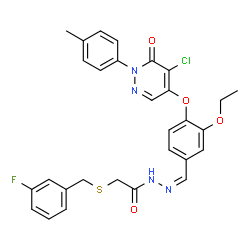 ChemSpider 2D Image | N'-[(Z)-(4-{[5-Chloro-1-(4-methylphenyl)-6-oxo-1,6-dihydro-4-pyridazinyl]oxy}-3-ethoxyphenyl)methylene]-2-[(3-fluorobenzyl)sulfanyl]acetohydrazide | C29H26ClFN4O4S