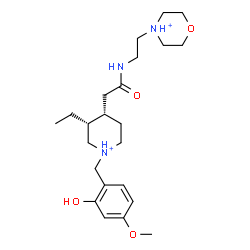 ChemSpider 2D Image | 4-[2-({[(3R,4S)-3-Ethyl-1-(2-hydroxy-4-methoxybenzyl)-4-piperidiniumyl]acetyl}amino)ethyl]morpholin-4-ium | C23H39N3O4