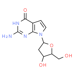 ChemSpider 2D Image | 2-Amino-7-(2-deoxypentofuranosyl)-1,7-dihydro-4H-pyrrolo[2,3-d]pyrimidin-4-one | C11H14N4O4