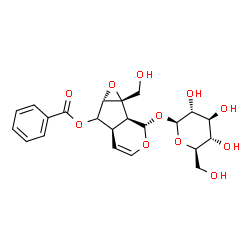 ChemSpider 2D Image | (1aS,1bS,2S,5aR,6aS)-2-(beta-D-Glucopyranosyloxy)-1a-(hydroxymethyl)-1a,1b,2,5a,6,6a-hexahydrooxireno[4,5]cyclopenta[1,2-c]pyran-6-yl benzoate | C22H26O11