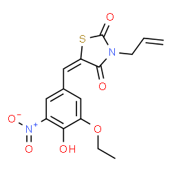 ChemSpider 2D Image | (5E)-3-Allyl-5-(3-ethoxy-4-hydroxy-5-nitrobenzylidene)-1,3-thiazolidine-2,4-dione | C15H14N2O6S