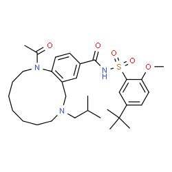 ChemSpider 2D Image | 1-Acetyl-9-isobutyl-N-{[2-methoxy-5-(2-methyl-2-propanyl)phenyl]sulfonyl}-1,2,3,4,5,6,7,8,9,10-decahydro-1,9-benzodiazacyclododecine-12-carboxamide | C32H47N3O5S