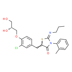 ChemSpider 2D Image | (2E,5Z)-5-{3-Chloro-4-[(2R)-2,3-dihydroxypropoxy]benzylidene}-3-(2-methylphenyl)-2-(propylimino)-1,3-thiazolidin-4-one | C23H25ClN2O4S