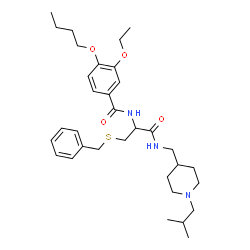 ChemSpider 2D Image | N-[3-(Benzylsulfanyl)-1-{[(1-isobutyl-4-piperidinyl)methyl]amino}-1-oxo-2-propanyl]-4-butoxy-3-ethoxybenzamide | C33H49N3O4S