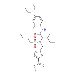 ChemSpider 2D Image | Methyl 5-{[(butylsulfonyl)(1-{[4-(diethylamino)-2-methylphenyl]amino}-3-methyl-1-oxo-2-pentanyl)amino]methyl}-2-furoate | C28H43N3O6S