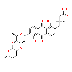 ChemSpider 2D Image | (3R)-4-{6-[(2S,4aS,5aR,9R,9aR,10aS)-2,9-Dimethyl-3-oxooctahydro-2H,5aH-dipyrano[2,3-b:4',3'-e][1,4]dioxin-7-yl]-1,5-dihydroxy-9,10-dioxo-9,10-dihydro-2-anthracenyl}-3-hydroxy-3-methylbutanoic acid (no
n-preferred name) | C31H32O12