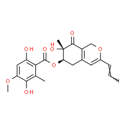 ChemSpider 2D Image | (6R,7S)-7-Hydroxy-7-methyl-8-oxo-3-[(1E)-1-propen-1-yl]-5,6,7,8-tetrahydro-1H-isochromen-6-yl 3,6-dihydroxy-4-methoxy-2-methylbenzoate | C22H24O8