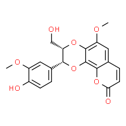 ChemSpider 2D Image | (2R,3S)-2-(4-Hydroxy-3-methoxyphenyl)-3-(hydroxymethyl)-5-methoxy-2,3-dihydro-9H-[1,4]dioxino[2,3-h]chromen-9-one | C20H18O8