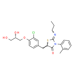 ChemSpider 2D Image | (2Z,5Z)-5-{3-Chloro-4-[(2S)-2,3-dihydroxypropoxy]benzylidene}-3-(2-methylphenyl)-2-(propylimino)-1,3-thiazolidin-4-one | C23H25ClN2O4S
