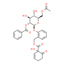ChemSpider 2D Image | 2-[(6-O-Acetyl-2-O-benzoyl-beta-D-glucopyranosyl)oxy]benzyl 1-hydroxy-6-oxo-2-cyclohexene-1-carboxylate | C29H30O12