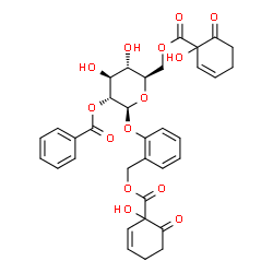 ChemSpider 2D Image | 2-({2-O-Benzoyl-6-O-[(1-hydroxy-6-oxo-2-cyclohexen-1-yl)carbonyl]-beta-D-glucopyranosyl}oxy)benzyl 1-hydroxy-6-oxo-2-cyclohexene-1-carboxylate | C34H34O14