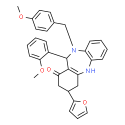 ChemSpider 2D Image | 3-(2-Furyl)-10-(4-methoxybenzyl)-11-(2-methoxyphenyl)-2,3,4,5,10,11-hexahydro-1H-dibenzo[b,e][1,4]diazepin-1-one | C32H30N2O4