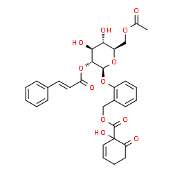ChemSpider 2D Image | 2-({6-O-Acetyl-2-O-[(2E)-3-phenyl-2-propenoyl]-beta-D-glucopyranosyl}oxy)benzyl 1-hydroxy-6-oxo-2-cyclohexene-1-carboxylate | C31H32O12