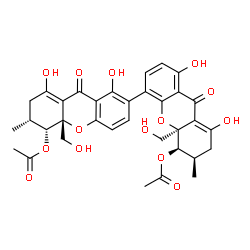 ChemSpider 2D Image | (5R,5'R,6R,6'R,10aR,10a'R)-1,1',8,8'-Tetrahydroxy-10a,10a'-bis(hydroxymethyl)-6,6'-dimethyl-9,9'-dioxo-5,5',7,7',9,9',10a,10a'-octahydro-6H,6'H-2,4'-bixanthene-5,5'-diyl diacetate | C34H34O14