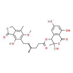 ChemSpider 2D Image | 3,6,8-Trihydroxy-3-methyl-1-oxo-3,4-dihydro-1H-isochromen-4-yl (4E)-6-(4-hydroxy-6-methoxy-7-methyl-3-oxo-1,3-dihydro-2-benzofuran-5-yl)-4-methyl-4-hexenoate | C27H28O11