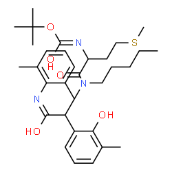 ChemSpider 2D Image | 2-Methyl-2-propanyl {1-[{2-[(2,6-dimethylphenyl)amino]-1-(2-hydroxy-3-methylphenyl)-2-oxoethyl}(pentyl)amino]-4-(methylsulfanyl)-1-oxo-2-butanyl}carbamate | C32H47N3O5S