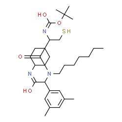 ChemSpider 2D Image | 2-Methyl-2-propanyl (1-{[2-(cyclohexylamino)-1-(3,5-dimethylphenyl)-2-oxoethyl](heptyl)amino}-1-oxo-3-sulfanyl-2-propanyl)carbamate | C31H51N3O4S