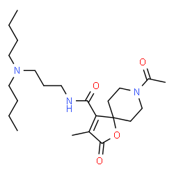 ChemSpider 2D Image | 8-Acetyl-N-[3-(dibutylamino)propyl]-3-methyl-2-oxo-1-oxa-8-azaspiro[4.5]dec-3-ene-4-carboxamide | C23H39N3O4