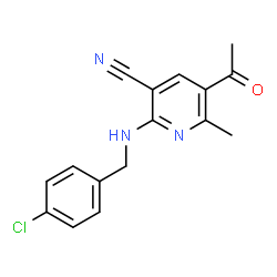 ChemSpider 2D Image | 5-Acetyl-2-[(4-chlorobenzyl)amino]-6-methylnicotinonitrile | C16H14ClN3O