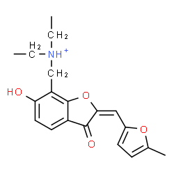 ChemSpider 2D Image | N-Ethyl-N-({(2E)-6-hydroxy-2-[(5-methyl-2-furyl)methylene]-3-oxo-2,3-dihydro-1-benzofuran-7-yl}methyl)ethanaminium | C19H22NO4