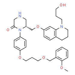 ChemSpider 2D Image | (6R)-6-({[1-(3-Hydroxypropyl)-1,2,3,4-tetrahydro-7-quinolinyl]oxy}methyl)-1-(4-{3-[(2-methoxybenzyl)oxy]propoxy}phenyl)-2-piperazinone | C34H43N3O6