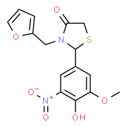 ChemSpider 2D Image | 3-(2-Furylmethyl)-2-(4-hydroxy-3-methoxy-5-nitrophenyl)-1,3-thiazolidin-4-one | C15H14N2O6S