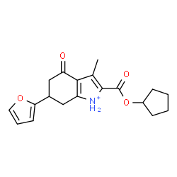 ChemSpider 2D Image | 2-[(Cyclopentyloxy)carbonyl]-6-(2-furyl)-3-methyl-4-oxo-4,5,6,7-tetrahydro-1H-indolium | C19H22NO4