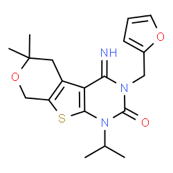 ChemSpider 2D Image | 3-(2-Furylmethyl)-4-imino-1-isopropyl-6,6-dimethyl-1,3,4,5,6,8-hexahydro-2H-pyrano[4',3':4,5]thieno[2,3-d]pyrimidin-2-one | C19H23N3O3S